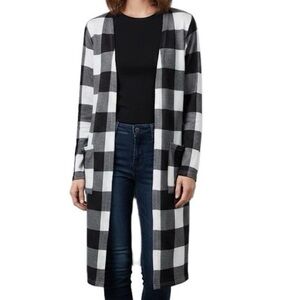 Womens Black White Buffalo Plaid Long Duster Open Cardigan Sweater Coat Jacket S